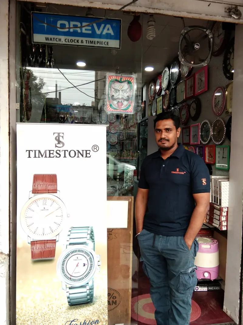 Deepu Kulkarni at the entrance of Jai Bhavani Watch Sales & Service